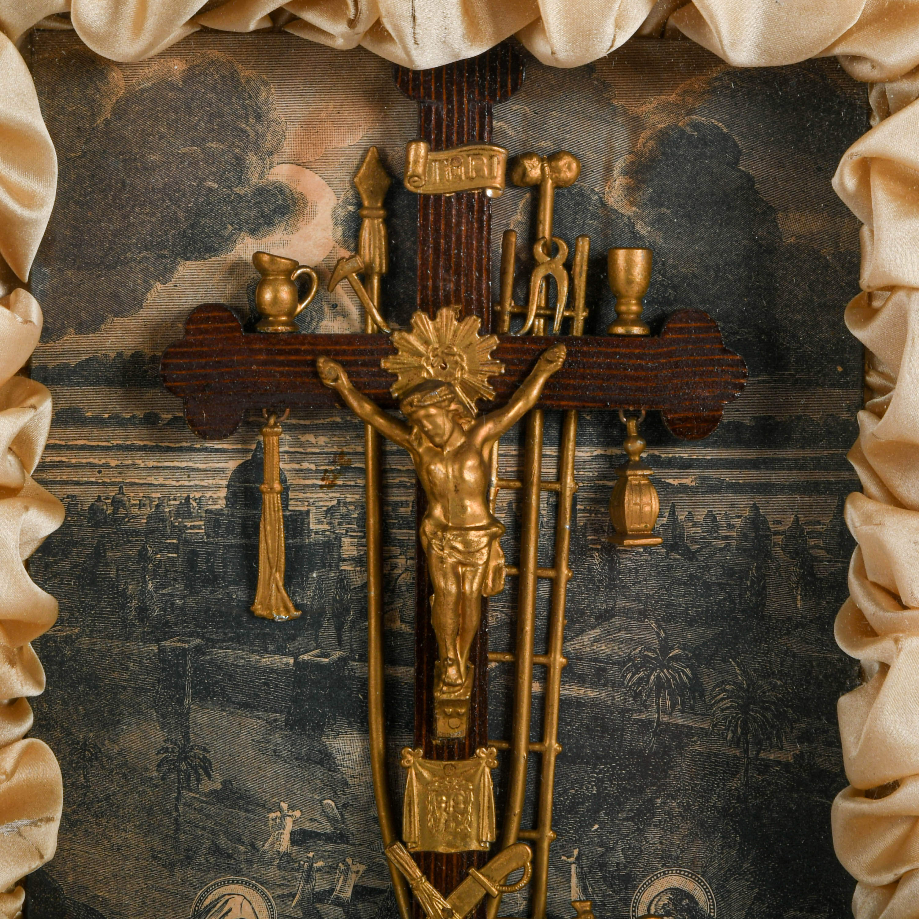 Antique "Thy Kingdom Come" Arma Christi Indulgence Shadow Box-3