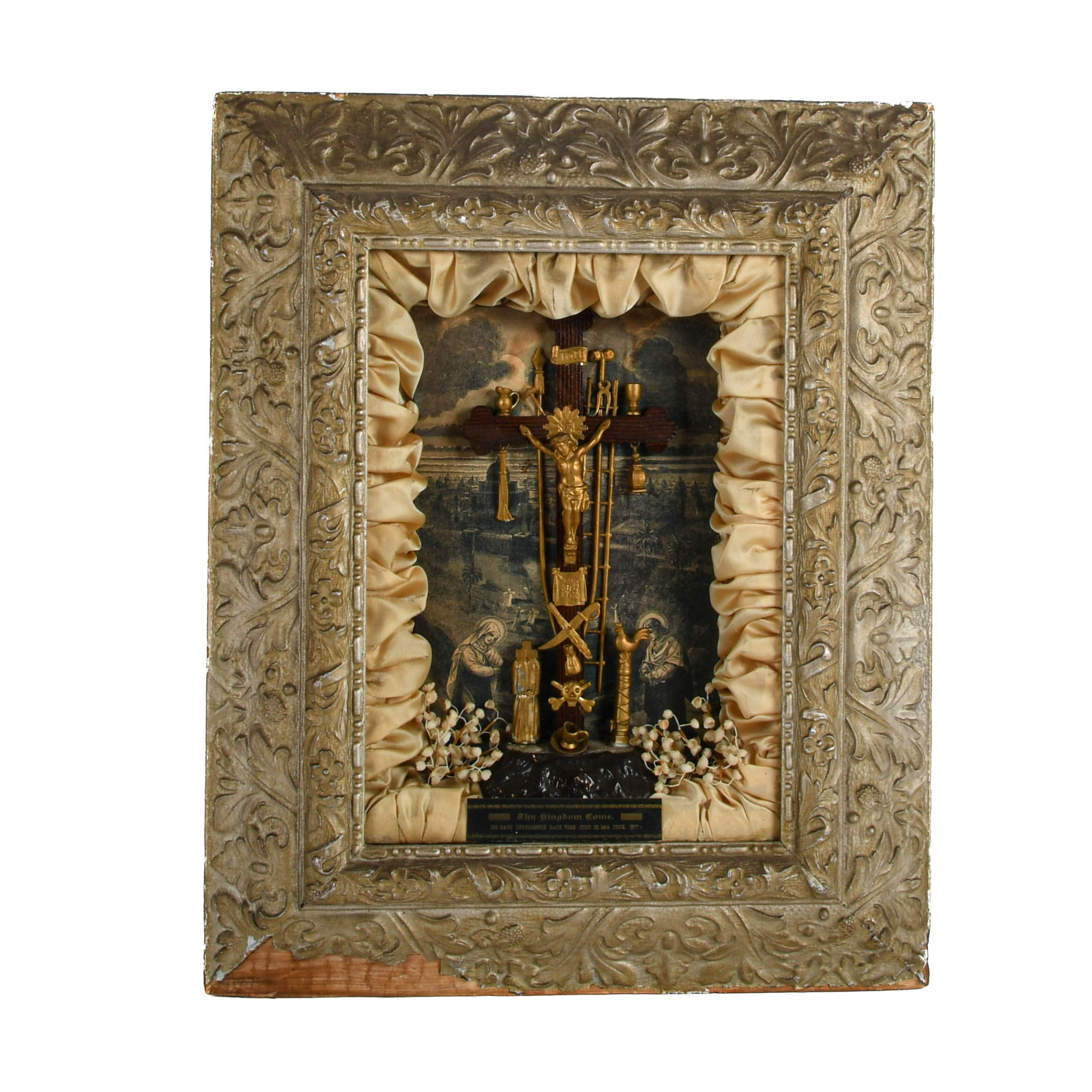 Antique "Thy Kingdom Come" Arma Christi Indulgence Shadow Box-1