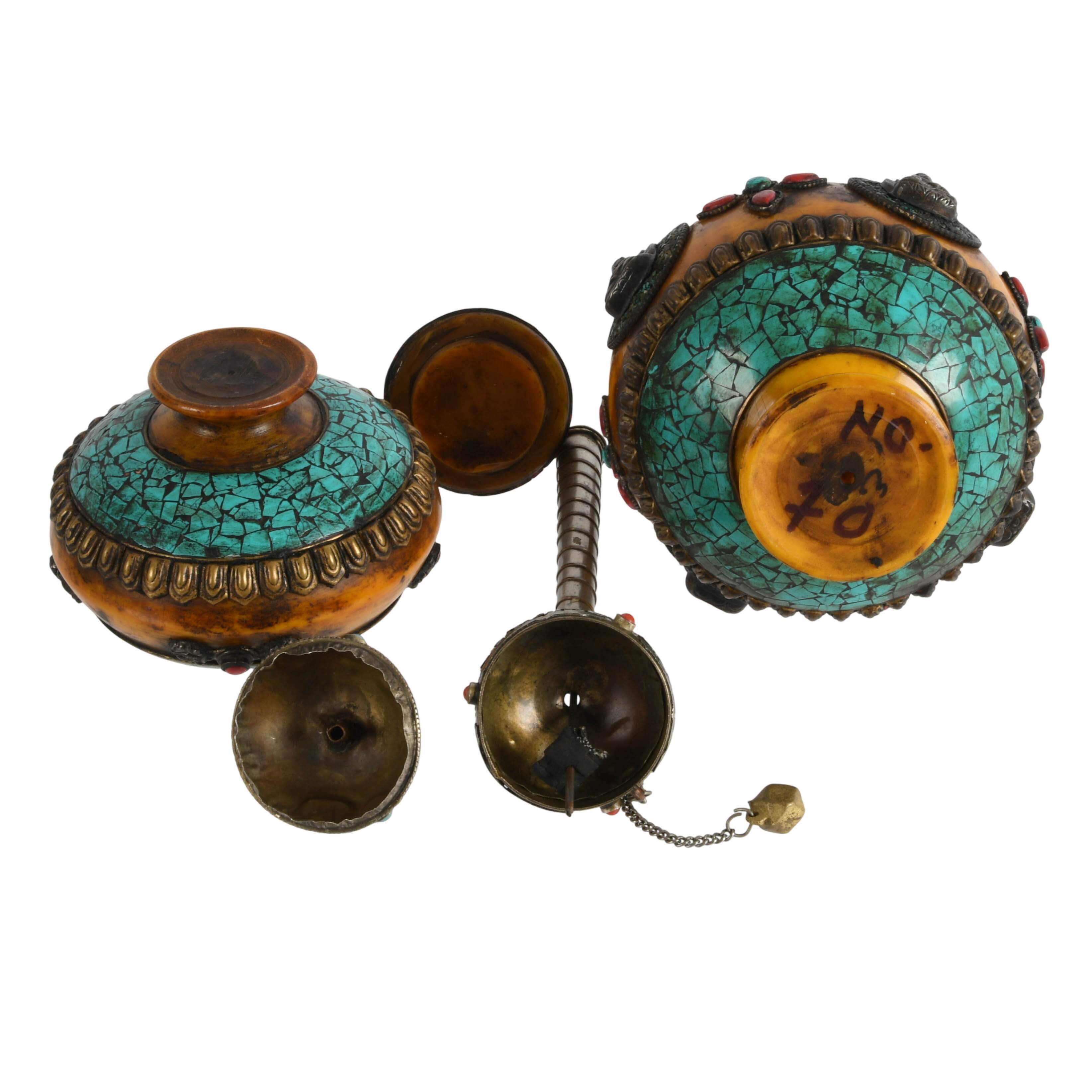 Grouping of Three Tibetan Ritual Items: Prayer Wheel and Dhupur Rice Pots-8