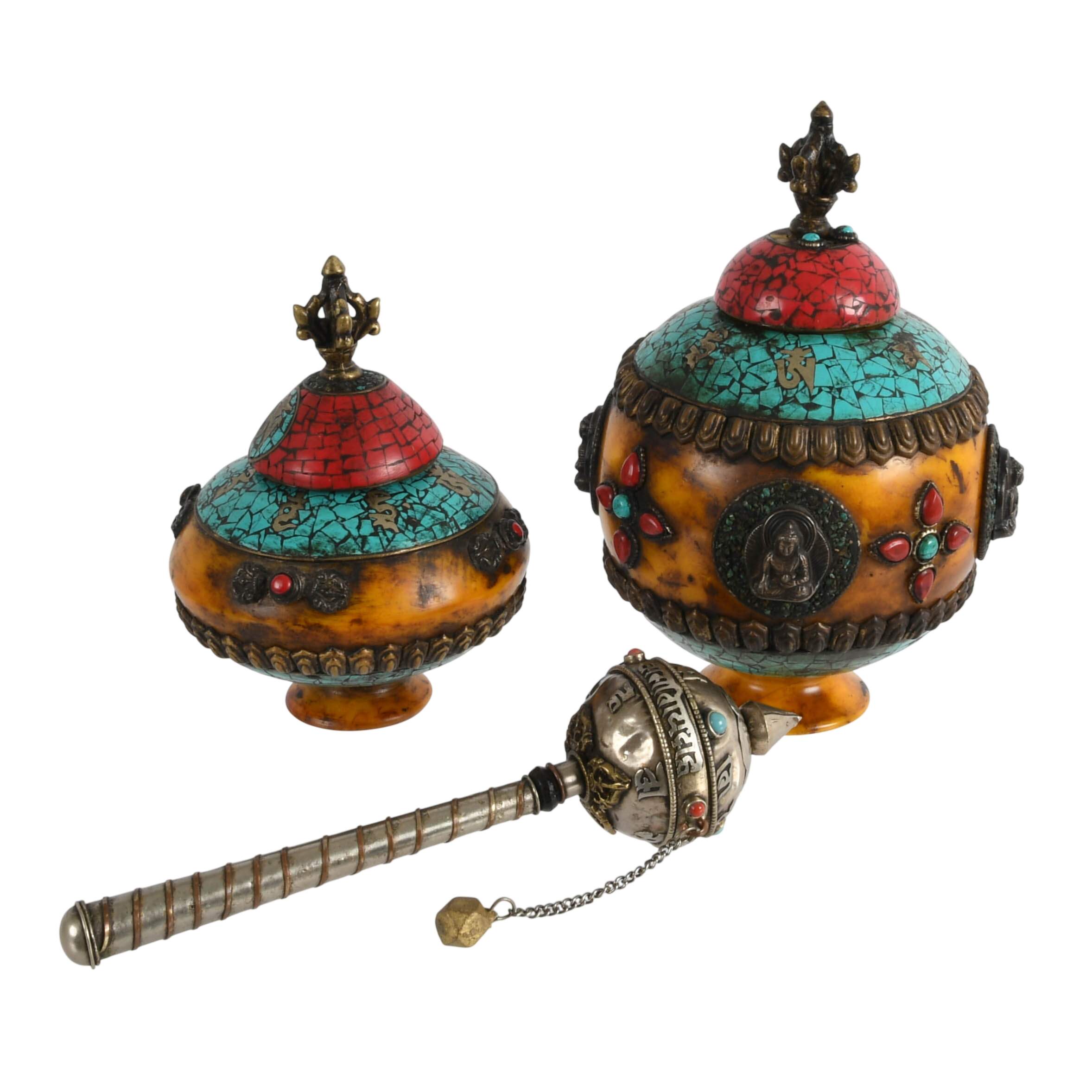 Grouping of Three Tibetan Ritual Items: Prayer Wheel and Dhupur Rice Pots-1
