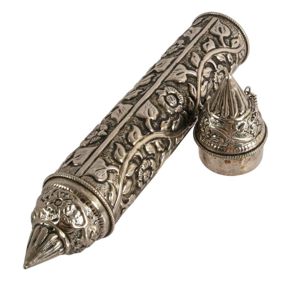 Embossed Tibetan Floral Silverplate Scroll Case-4