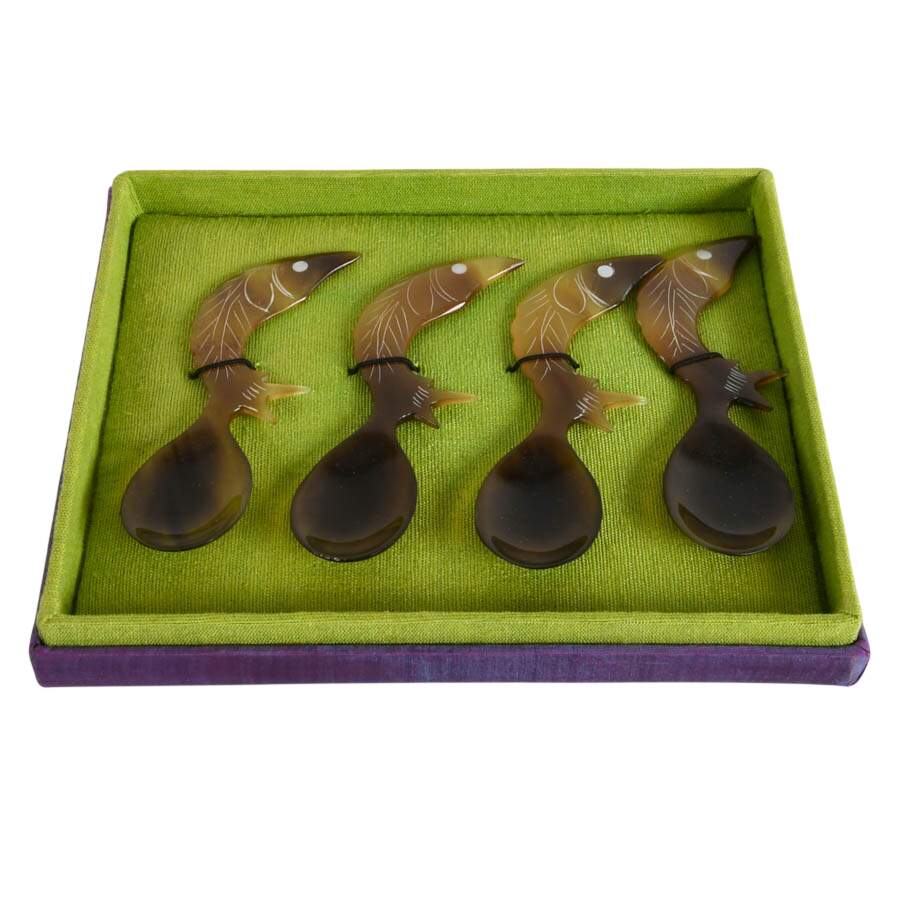 Carved Horn Fish Wall Hanger and Set of Horn Utensils-7