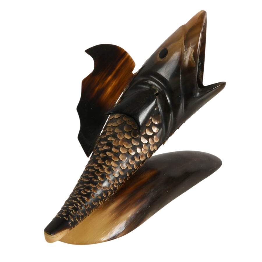Carved Horn Fish Wall Hanger and Set of Horn Utensils-3