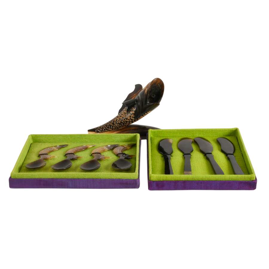 Carved Horn Fish Wall Hanger and Set of Horn Utensils-1
