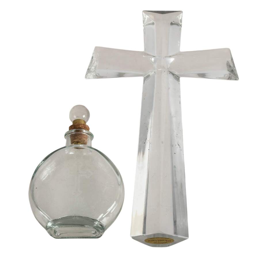 Pair of Glass Religious Items Including Etched Holy Water Flask-3