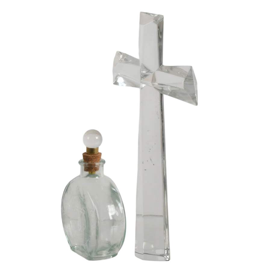 Pair of Glass Religious Items Including Etched Holy Water Flask-2
