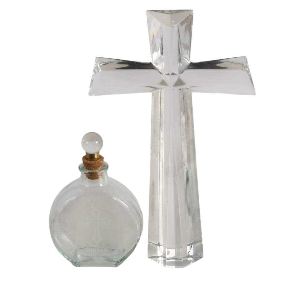 Pair of Glass Religious Items Including Etched Holy Water Flask-1