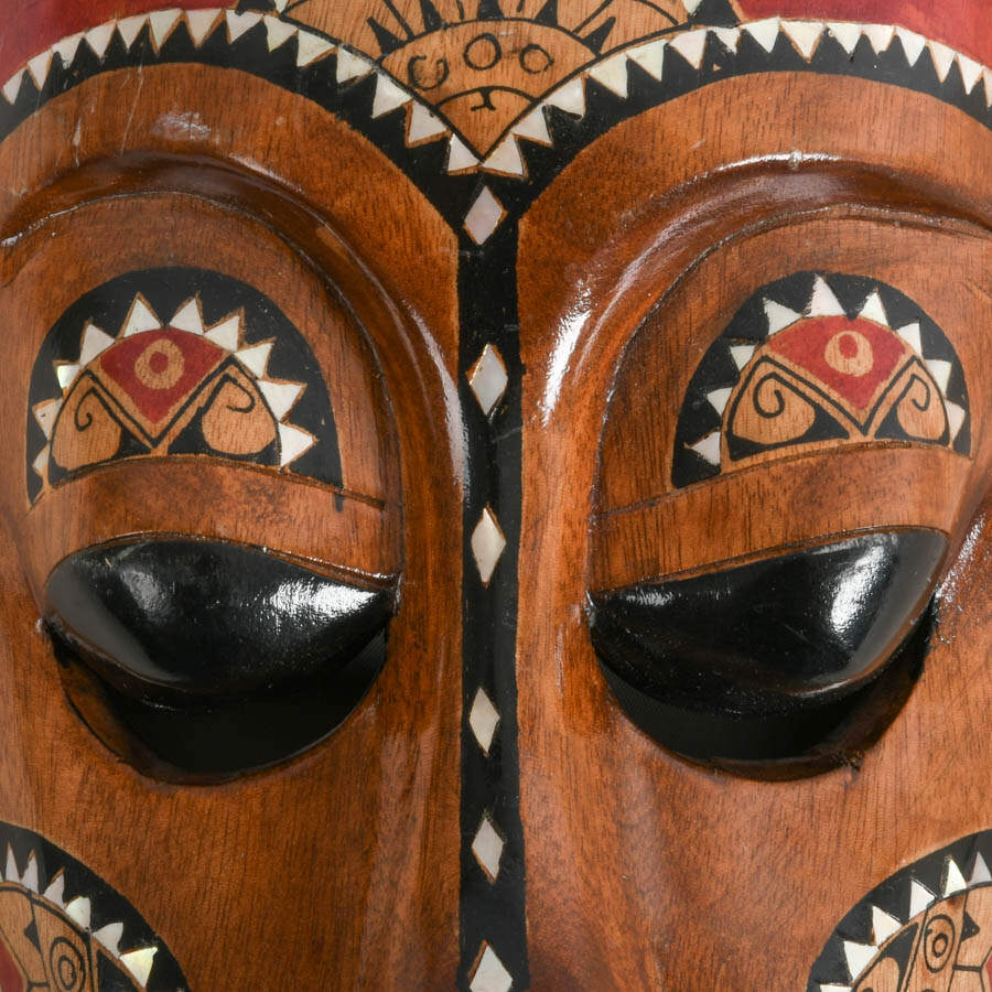 Hand-Carved Wooden Tribal Mask with Mother of Pearl Inlay-4