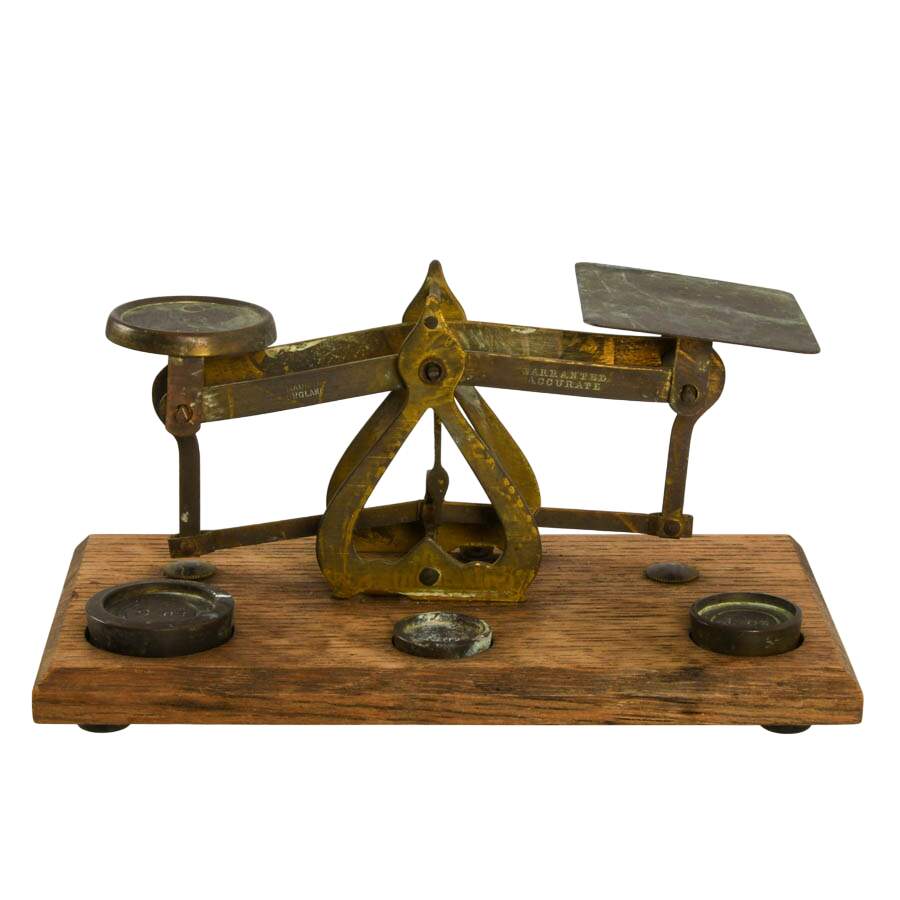Antique English Warranted Accurate Brass and Wood Postal Scale-1
