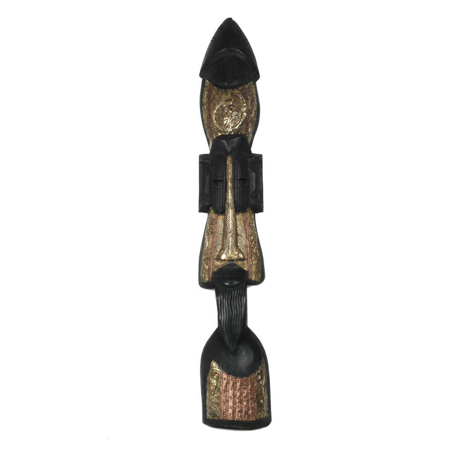African Carved Ebony Wood Mask with Metal Accents-1
