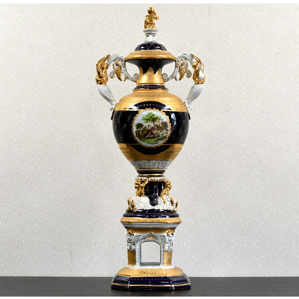 L. F. Limoges PRC "The Lover's Crowned" Cobalt & Gilt Porcelain Lidded Urn-3