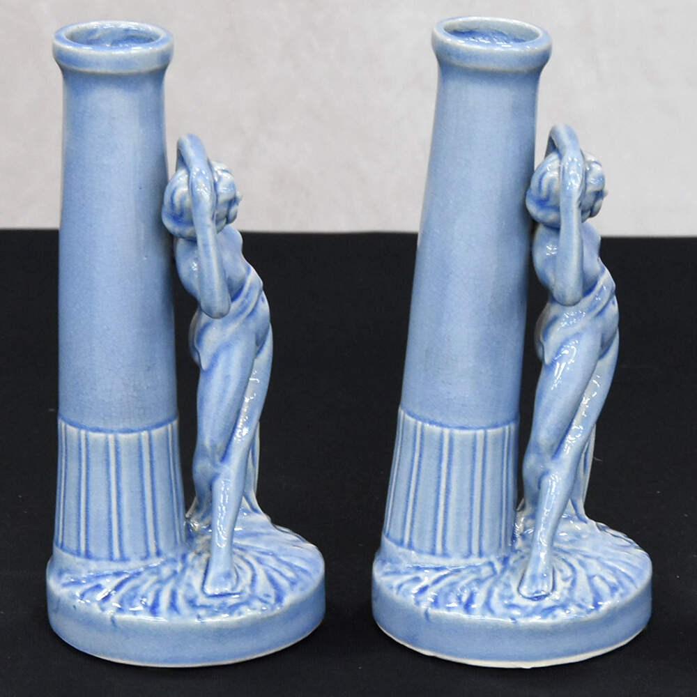 Art Deco Cornflower Blue Dancing Nymphs Porcelain Vases-5