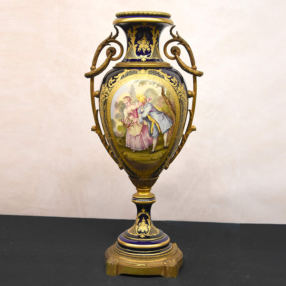 Antique Sèvres-Style Hand-Painted Lovers View Urn on Bronze Base-1