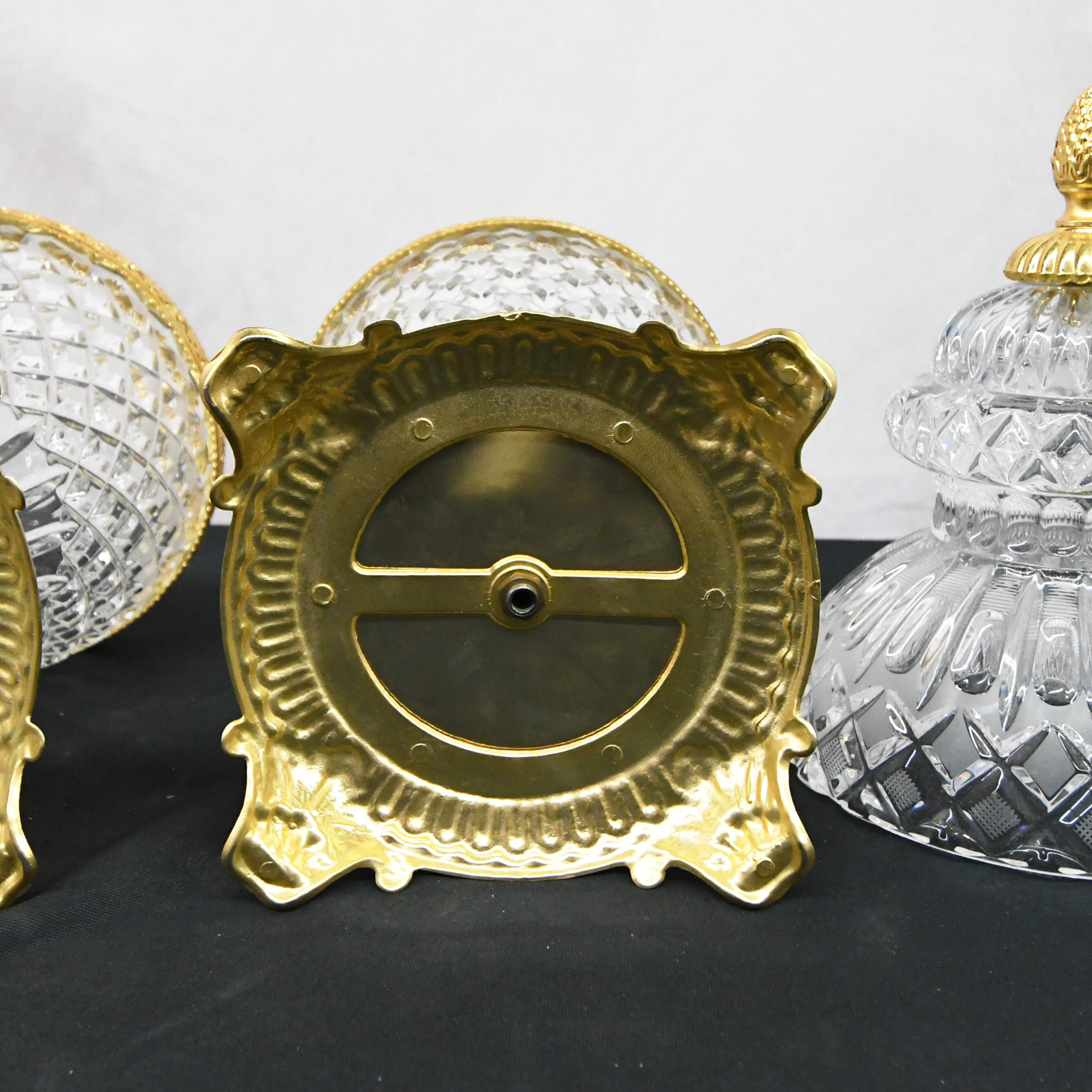 Pair of Molded Frosted Glass Lidded Urns on Gold Footed Bases-9