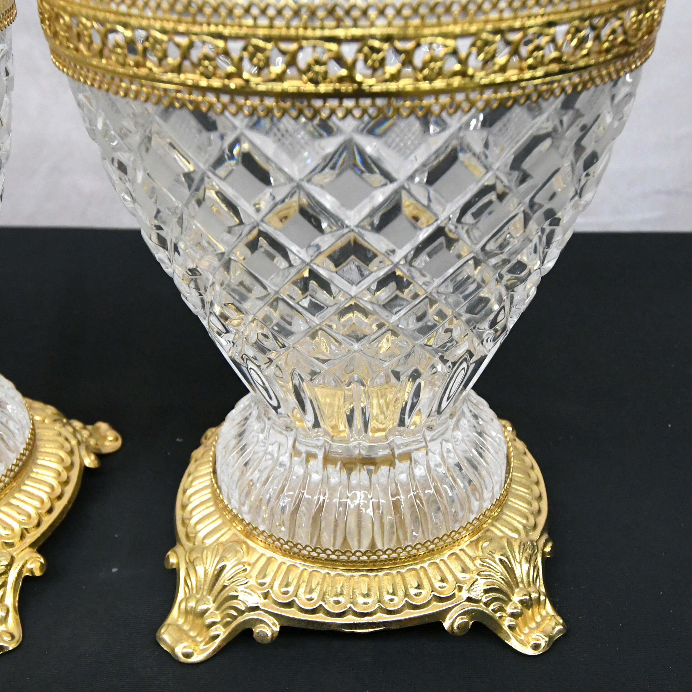 Pair of Molded Frosted Glass Lidded Urns on Gold Footed Bases-7