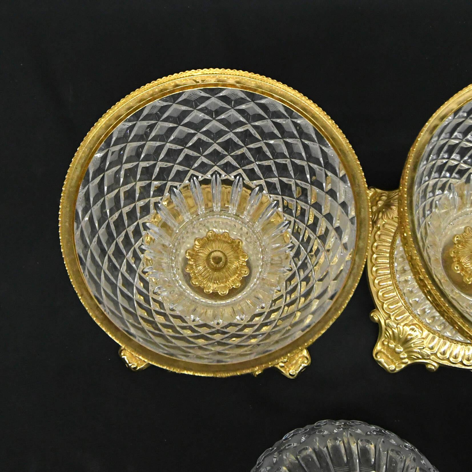 Pair of Molded Frosted Glass Lidded Urns on Gold Footed Bases-3