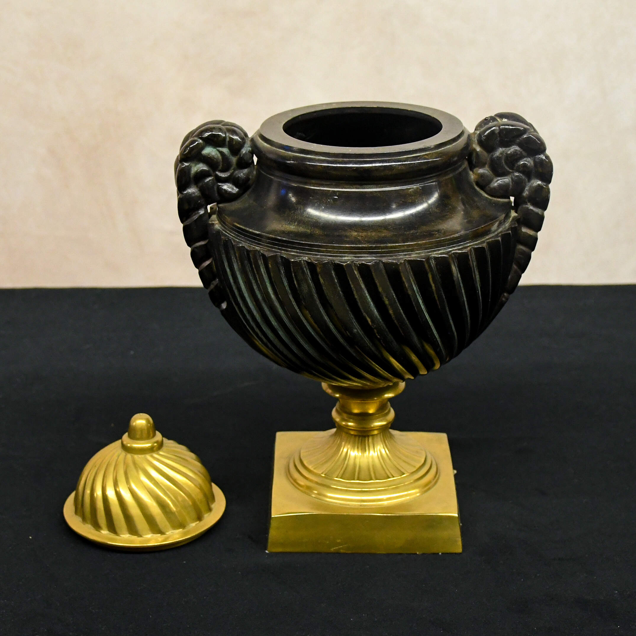 Classical Brass and Black Strigulated Covered Urn-2