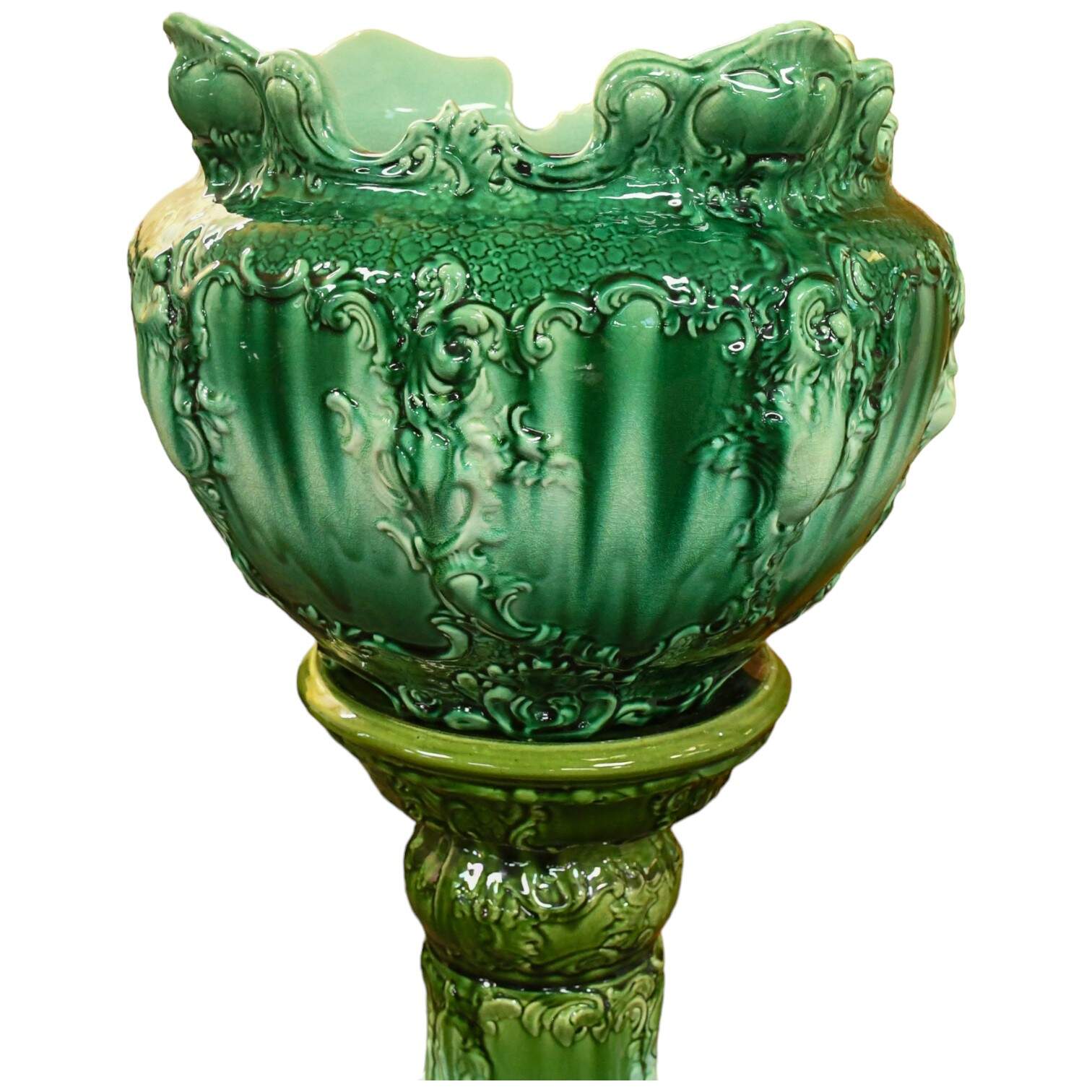 Antique Green Glazed Fern Jardinière and Pedestal Base-3