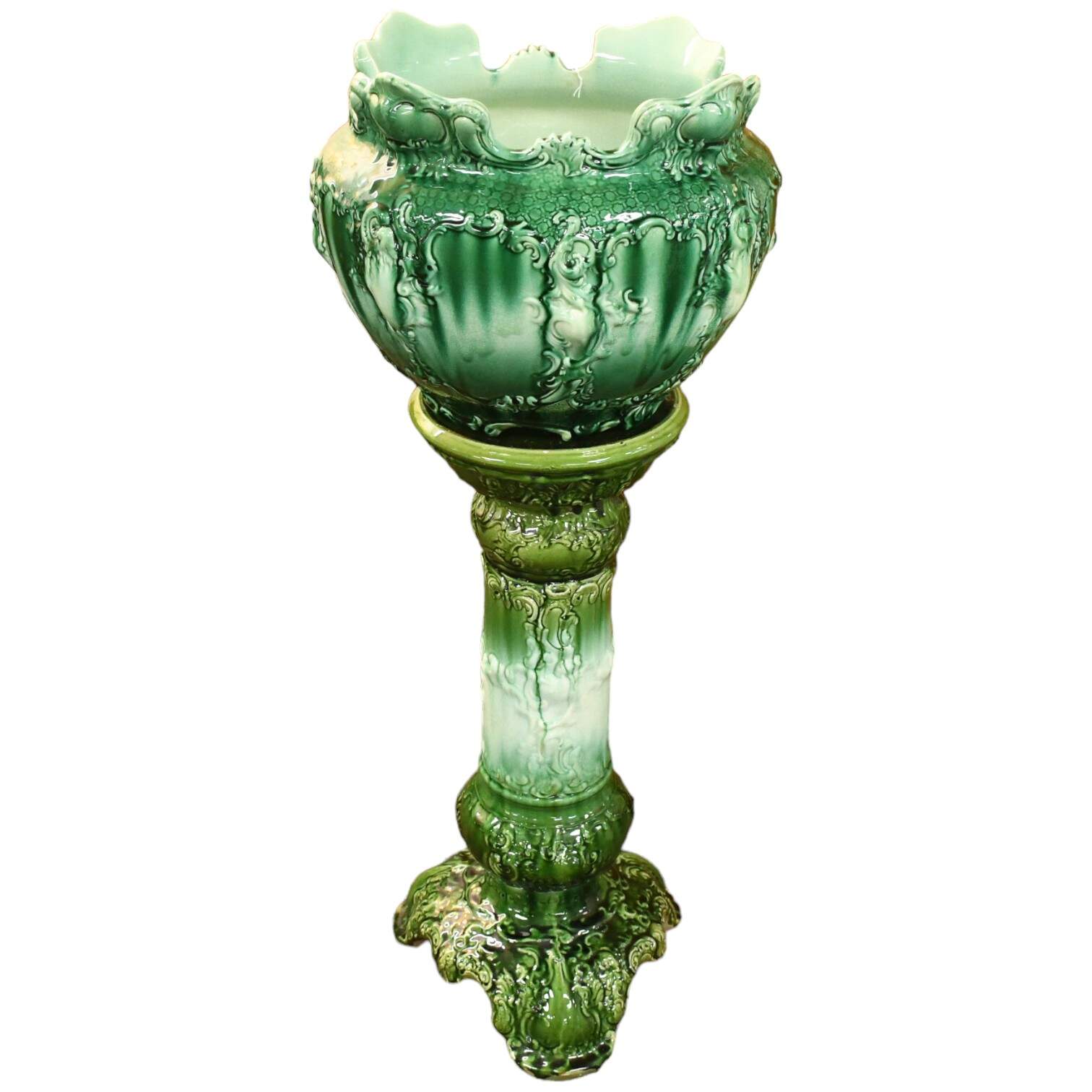 Antique Green Glazed Fern Jardinière and Pedestal Base-1