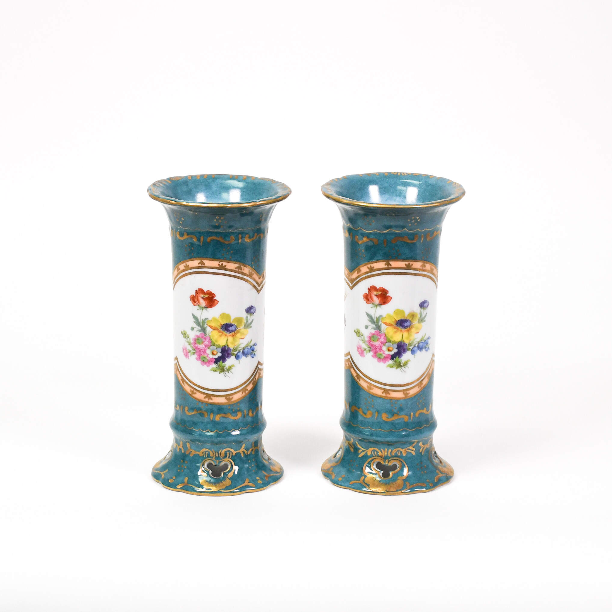 Antique Pair of Elios H.F. Peint Main Porcelain Floral Vases-3