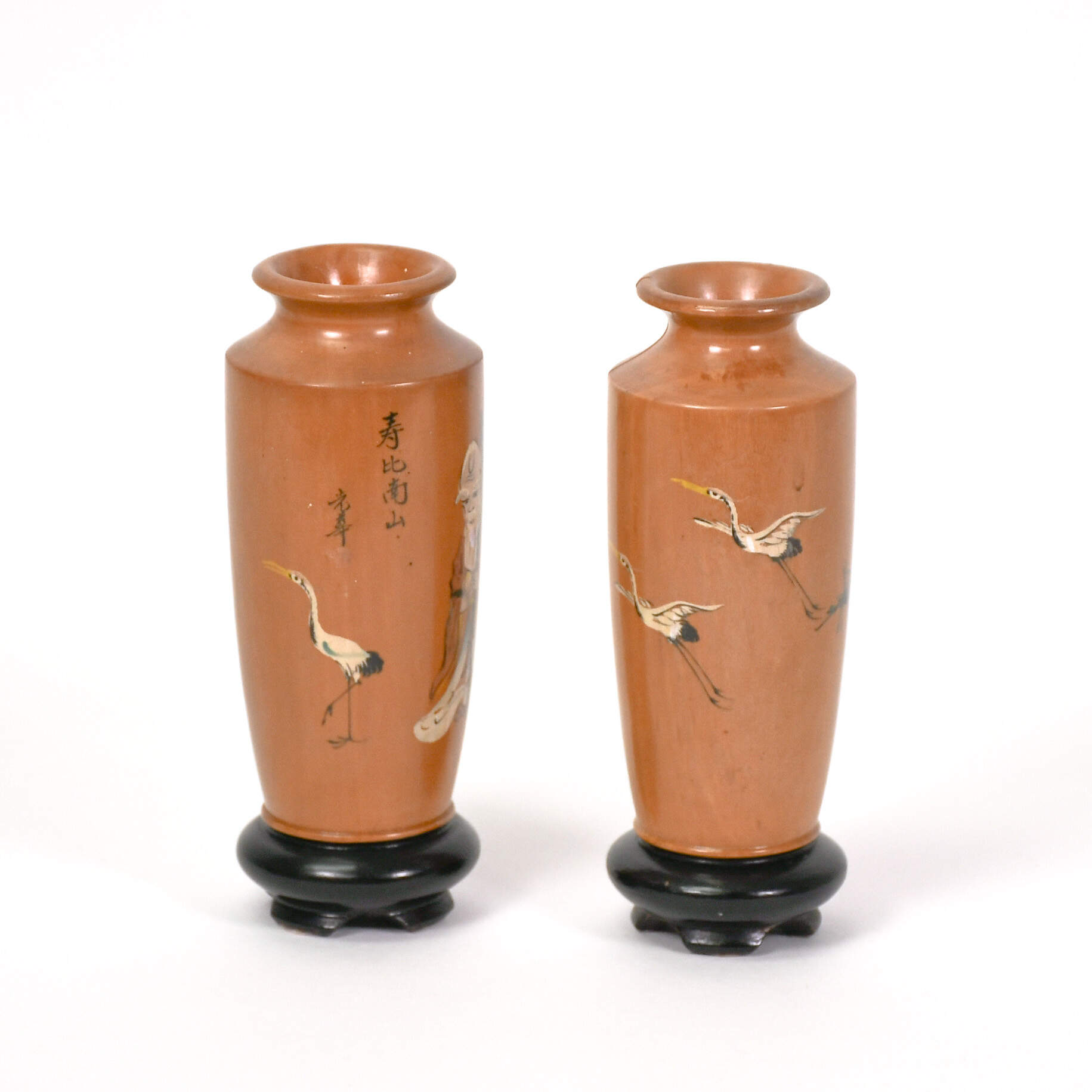 Pair of Japanese Turned Wood Fukurokuju Vases-3