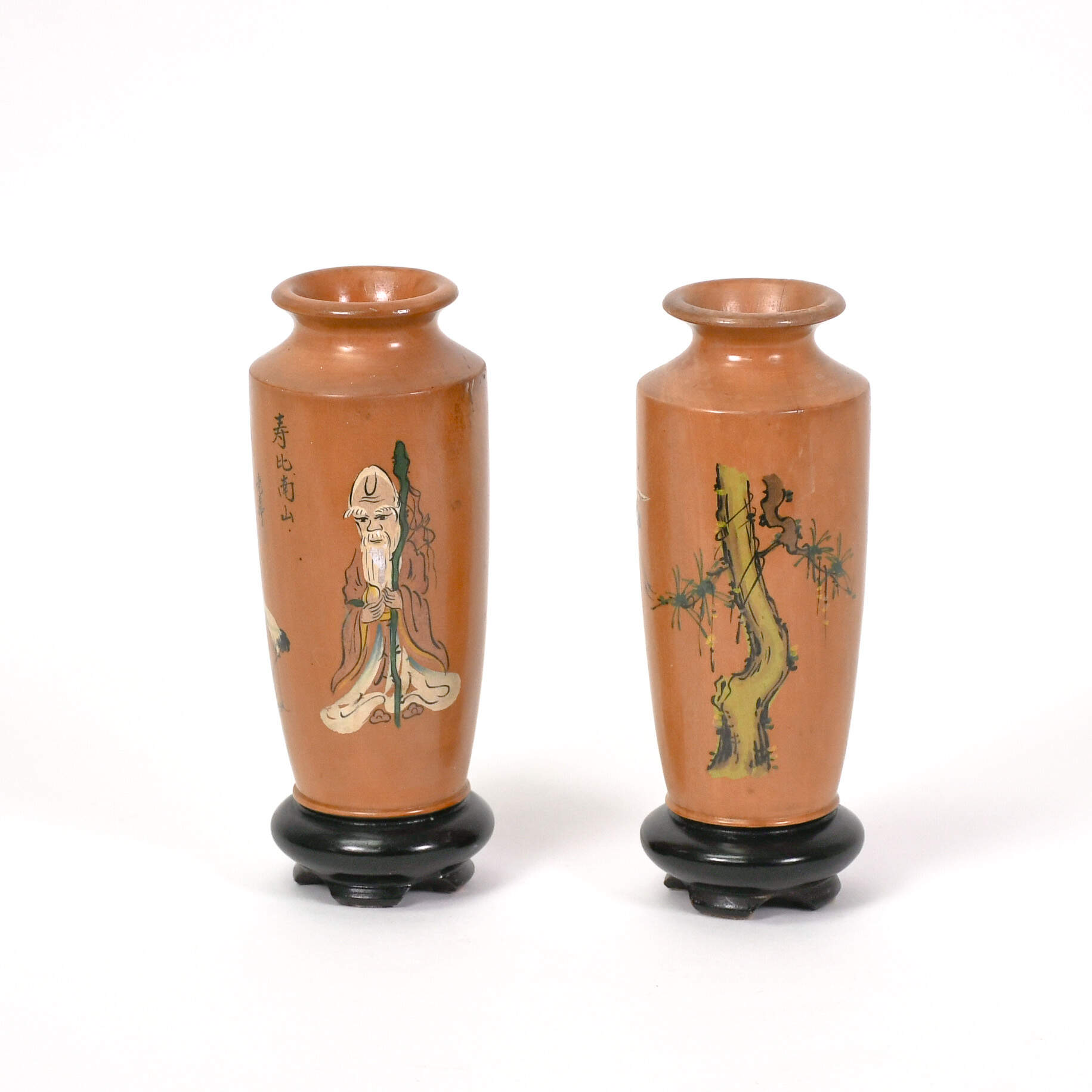 Pair of Japanese Turned Wood Fukurokuju Vases-1