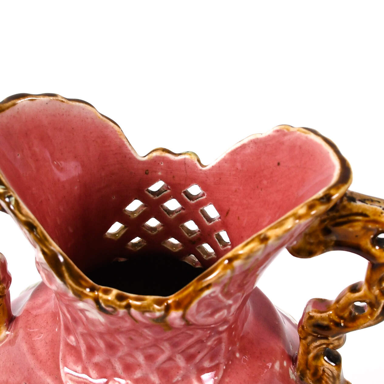 Antique Pink Majolica Two-Handled Floral Vase-9