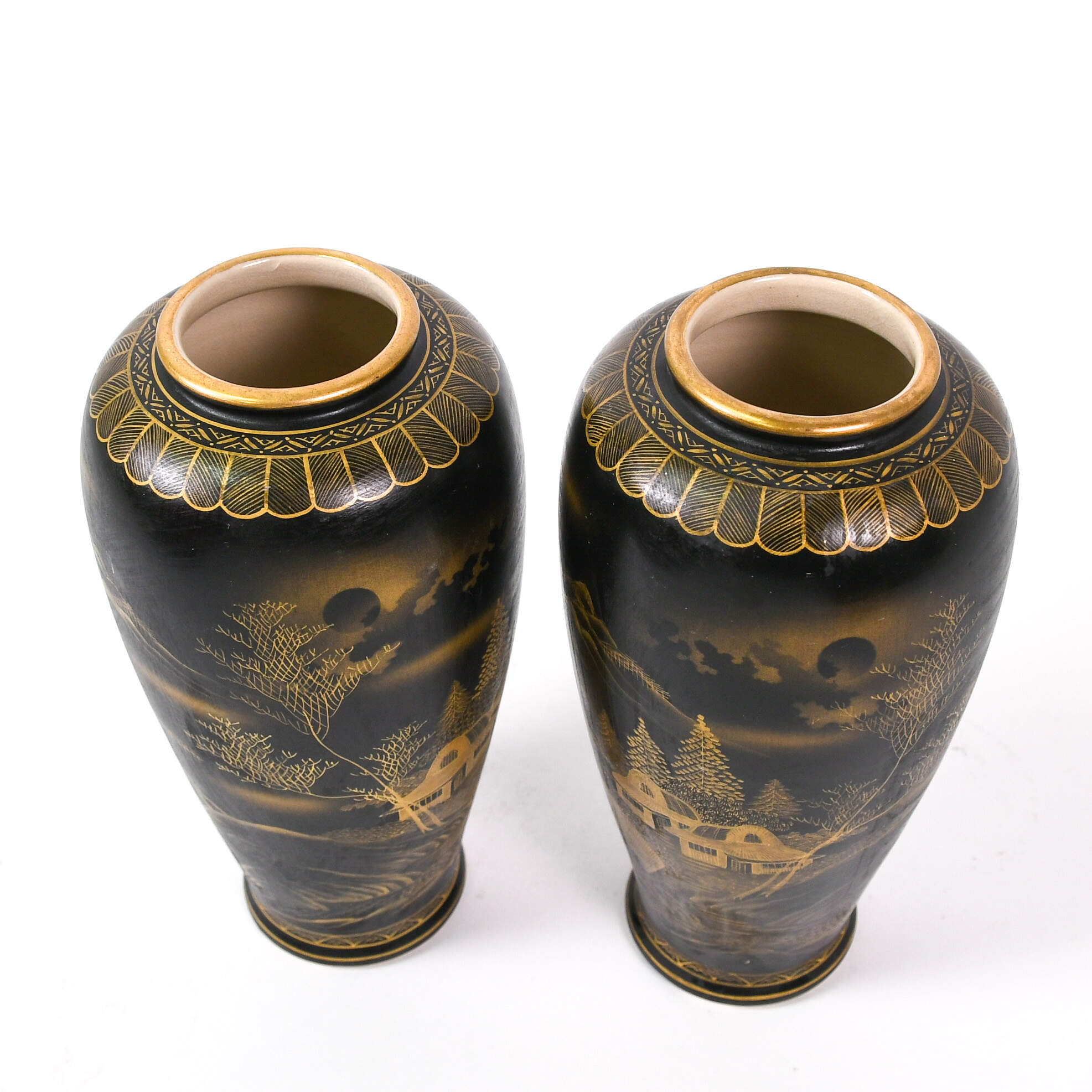 Antique Pair of Uchida Black and Gold Satsuma Vases-5