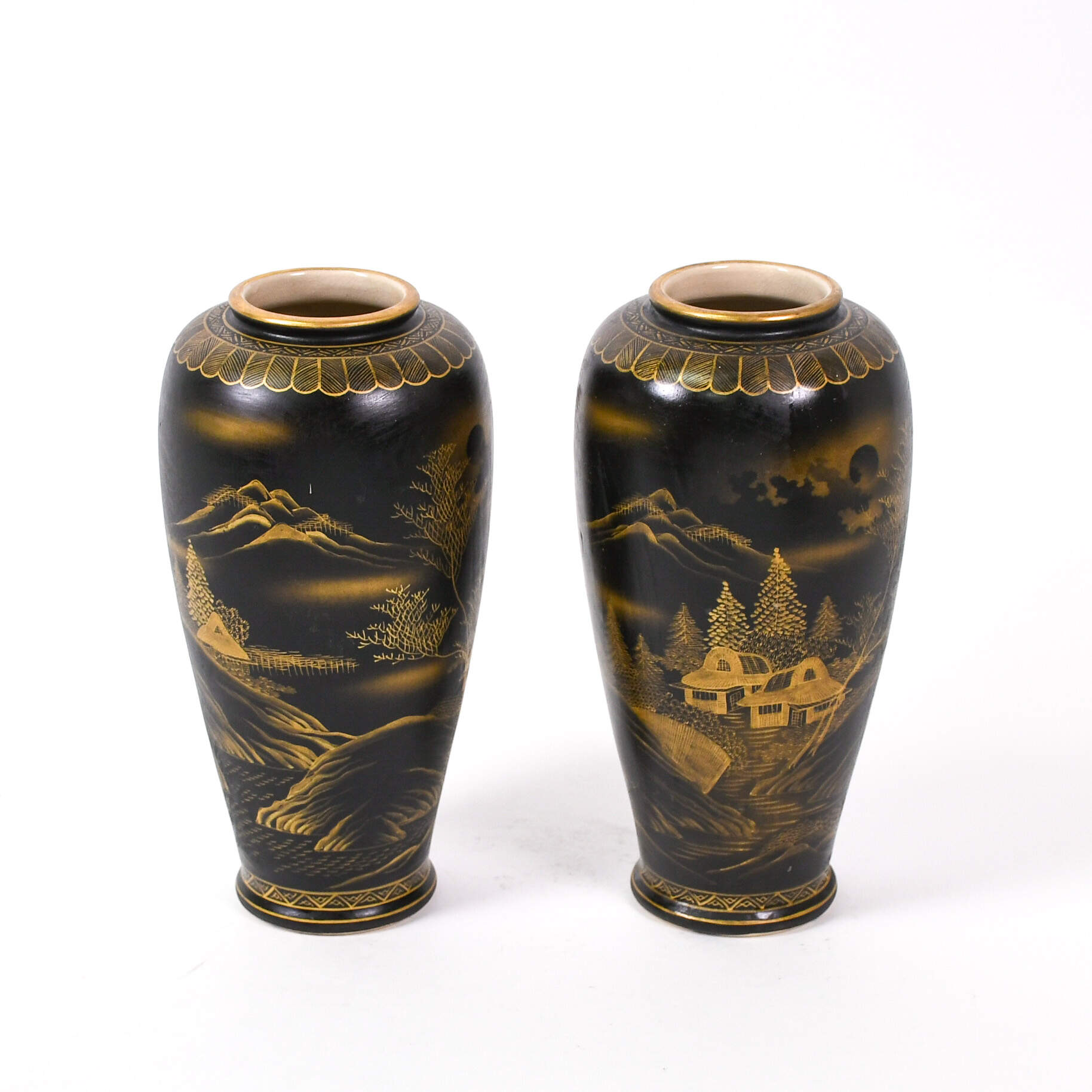 Antique Pair of Uchida Black and Gold Satsuma Vases-3