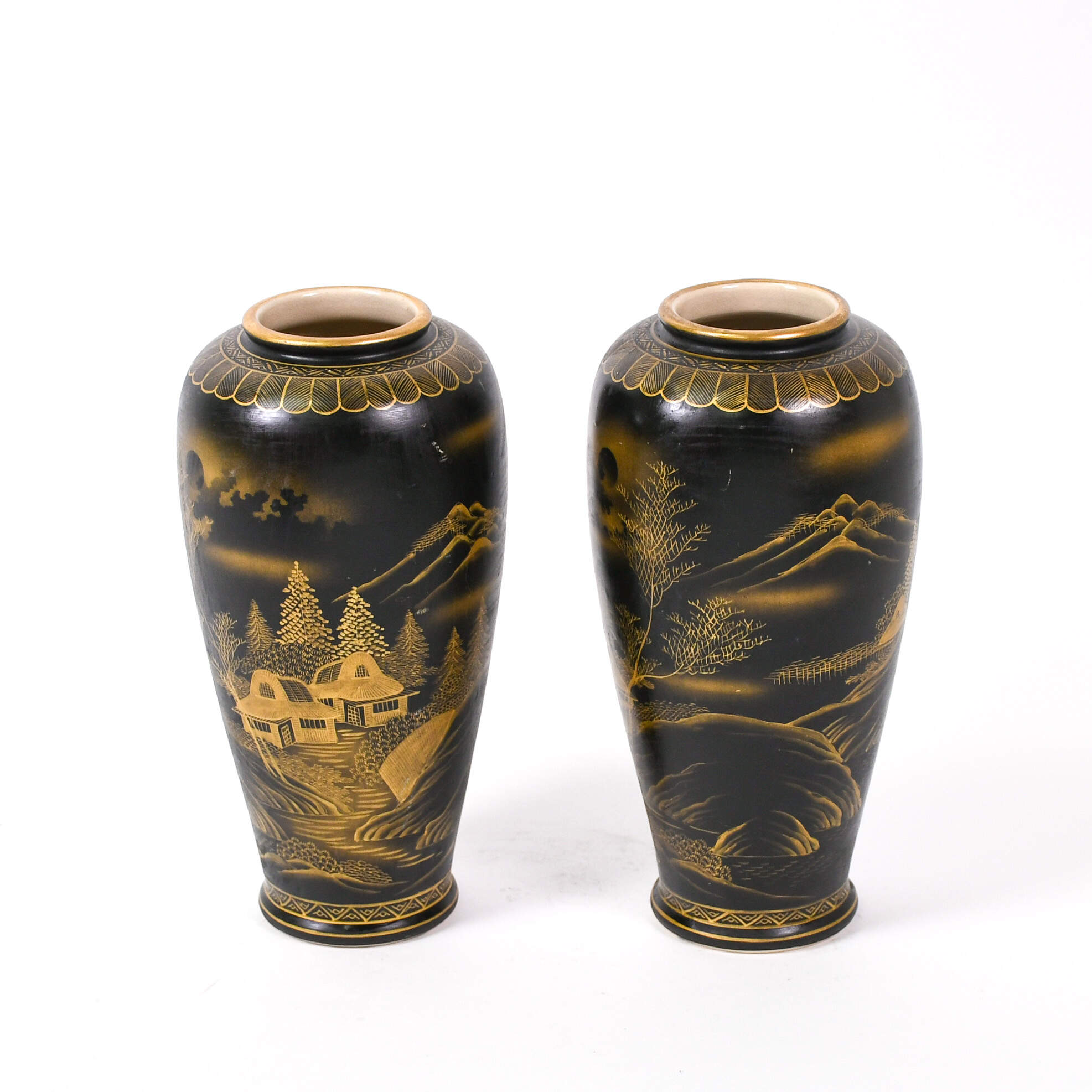 Antique Pair of Uchida Black and Gold Satsuma Vases-2