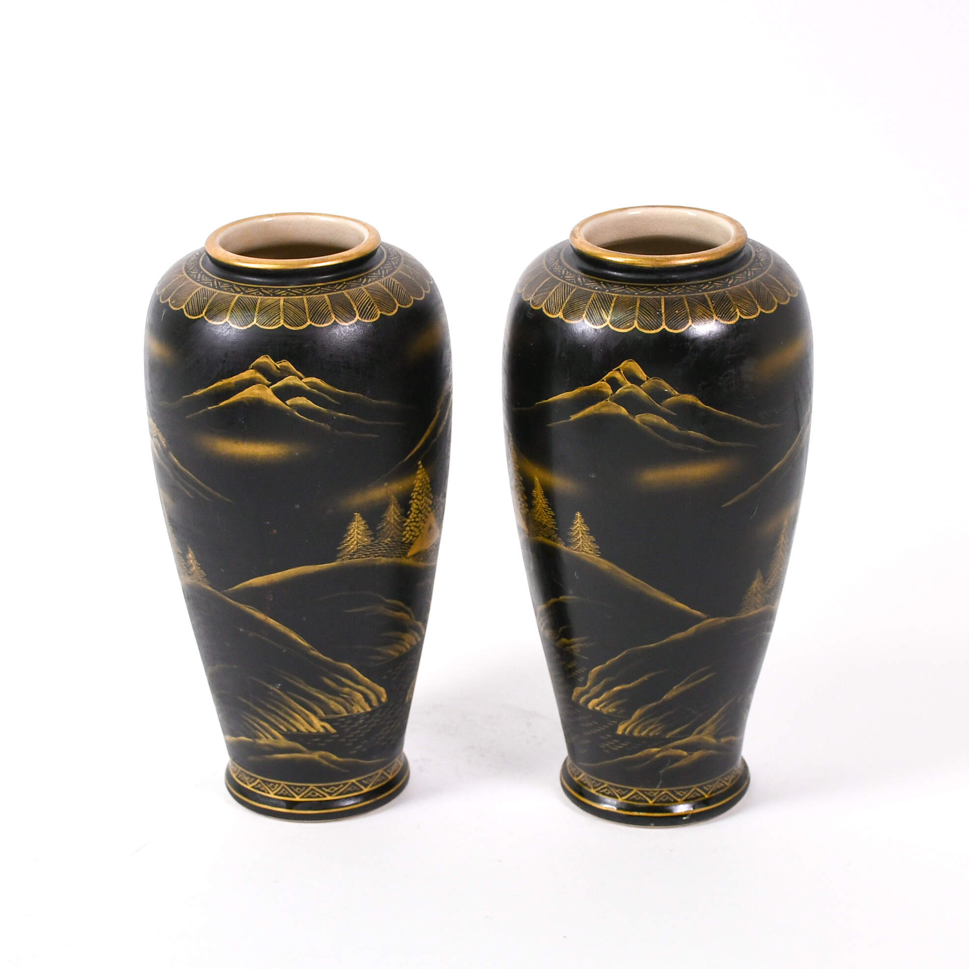 Antique Pair of Uchida Black and Gold Satsuma Vases-1