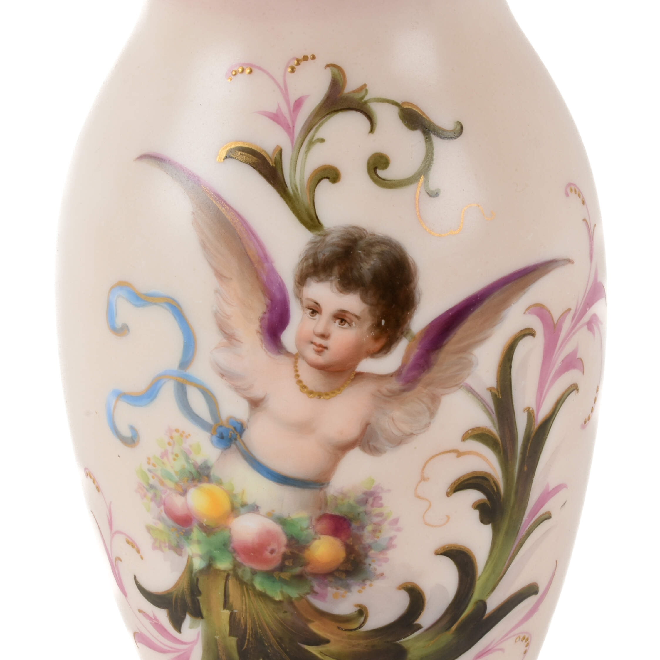 Antique Signed Pink Cased Glass Signed Cherub Vase-5