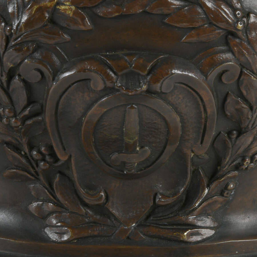 Antique Pair of Urns with Sphinx Handled Bronzes on Marble Base-7