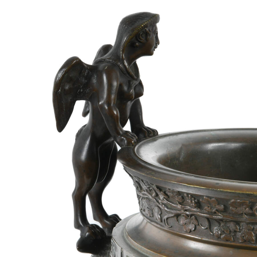 Antique Pair of Urns with Sphinx Handled Bronzes on Marble Base-6