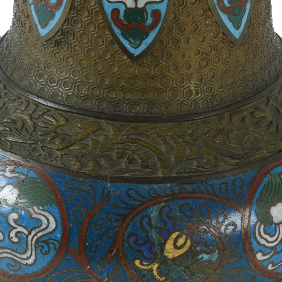 Antique Japanese Enameled Dragon Handle Champlevé Vase-8