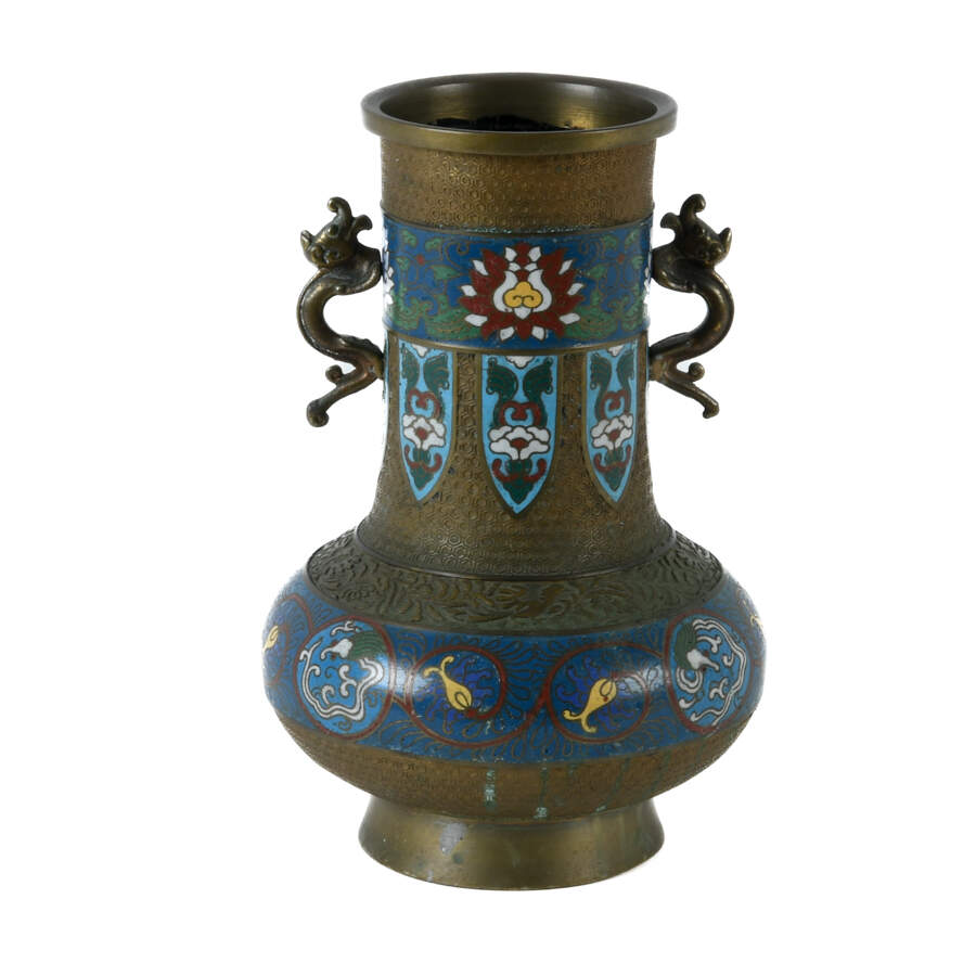 Antique Japanese Enameled Dragon Handle Champlevé Vase-3
