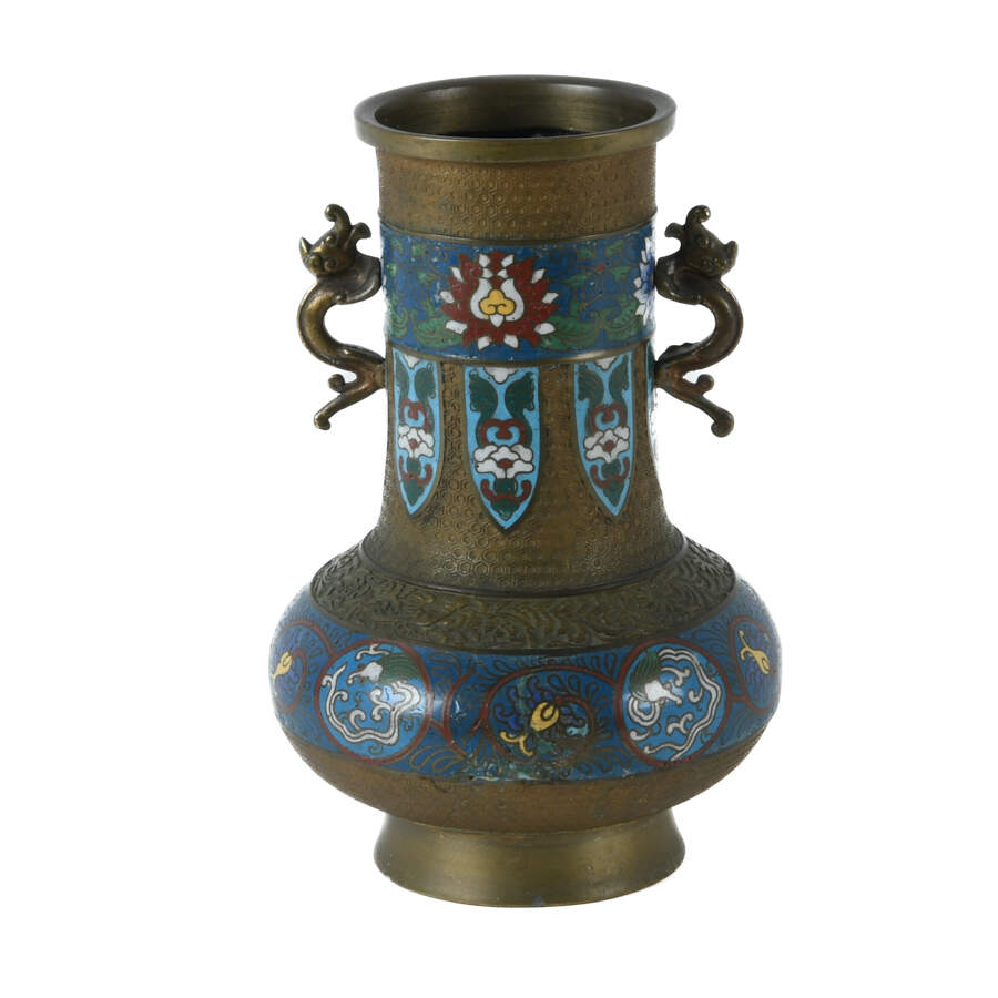 Antique Japanese Enameled Dragon Handle Champlevé Vase-1
