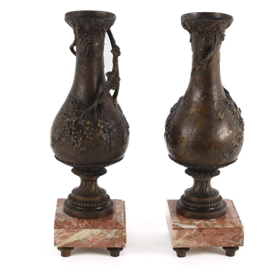 Antique Pair of Grape Motif Spelter Urns on Marble Base-4