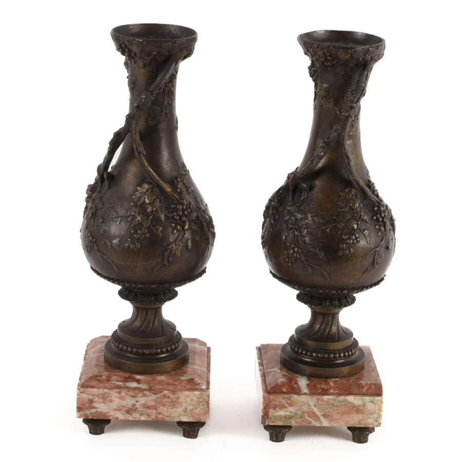 Antique Pair of Grape Motif Spelter Urns on Marble Base-2