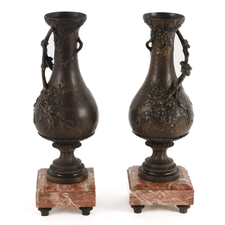 Antique Pair of Grape Motif Spelter Urns on Marble Base-1