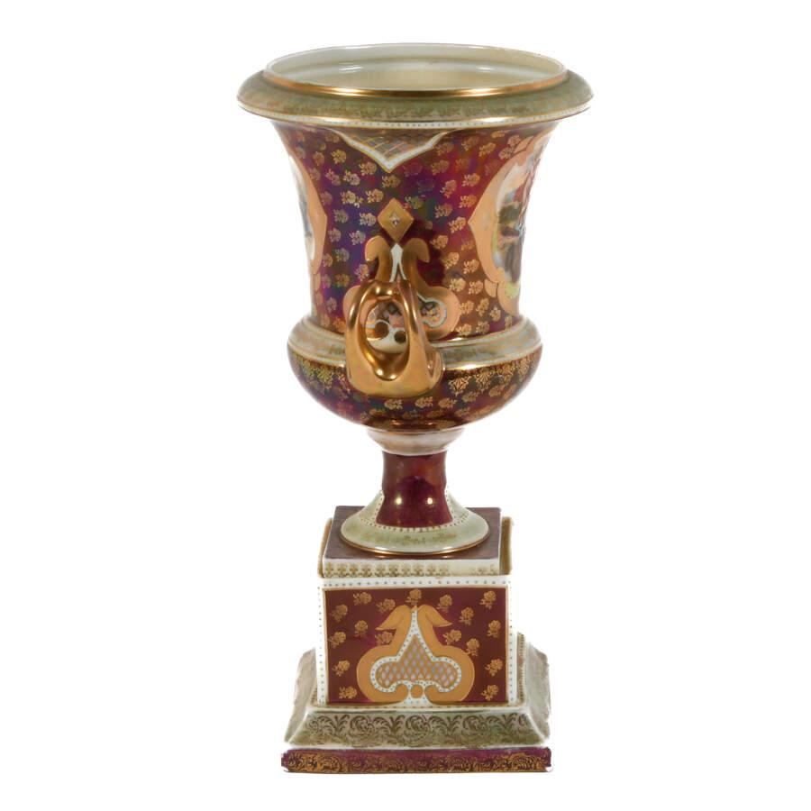 Antique Gilt Detail Garden Scenes Urn on Pedestal-5