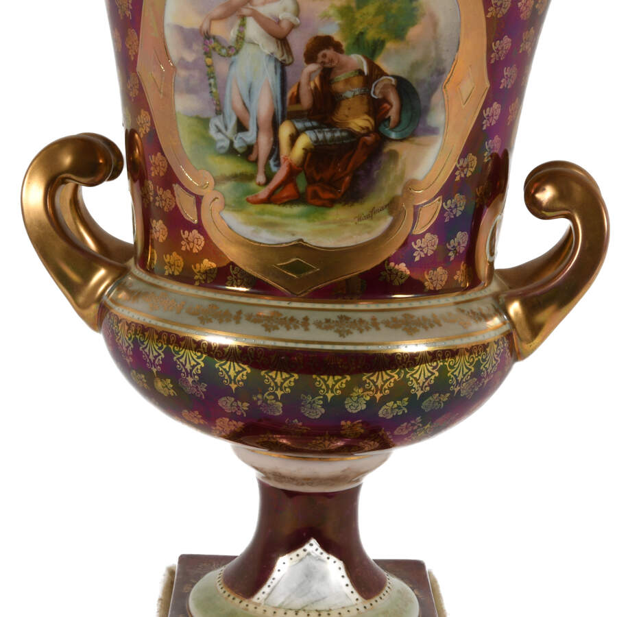 Antique Gilt Detail Garden Scenes Urn on Pedestal-3