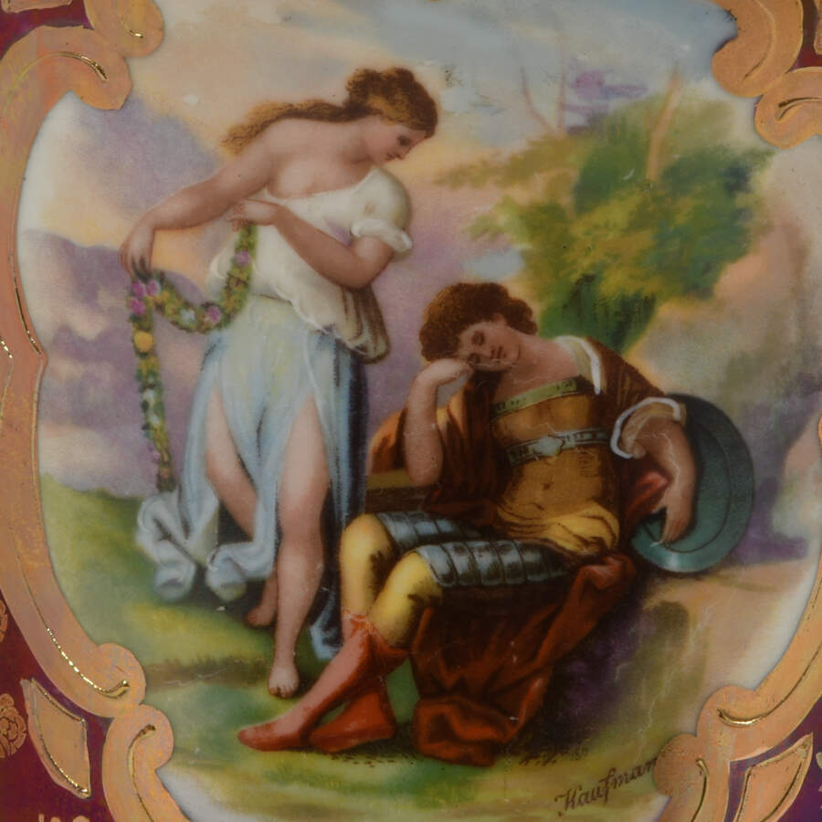 Antique Gilt Detail Garden Scenes Urn on Pedestal-2