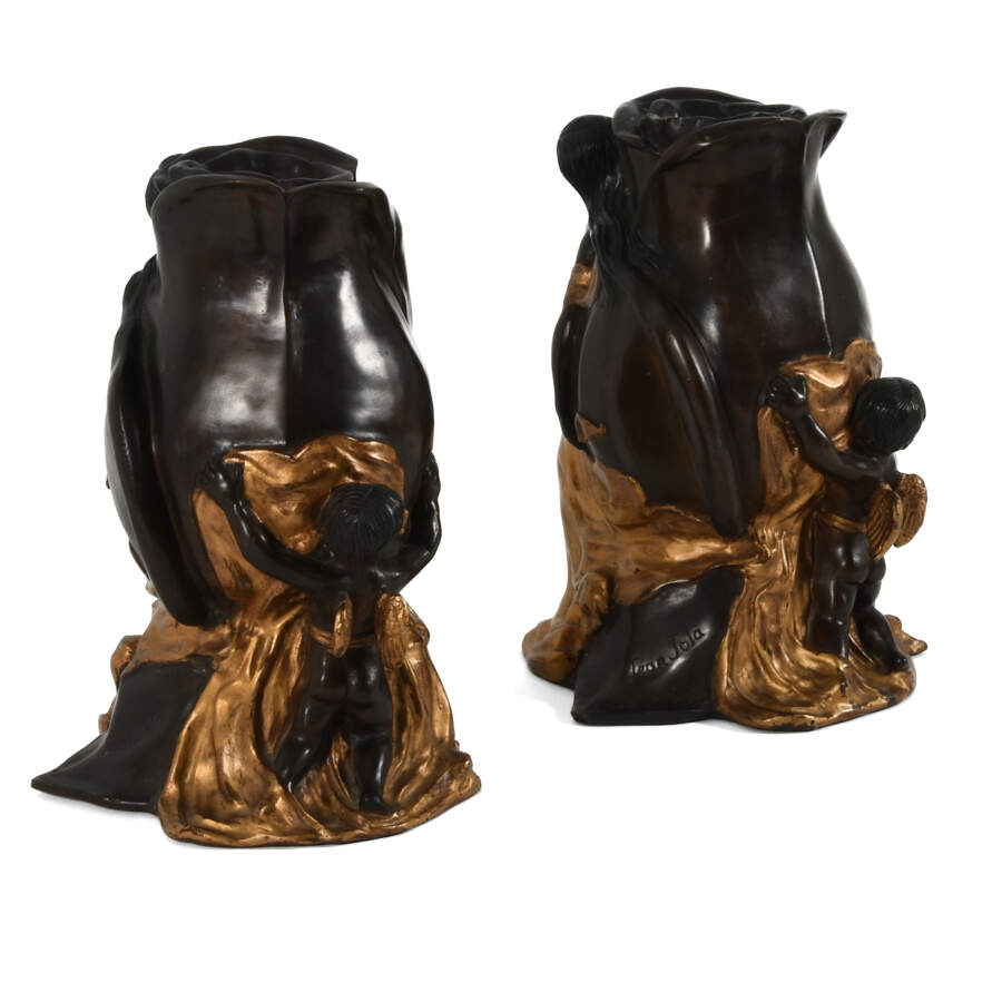 Antique Bronze Rose Form Pair of Jean Jola Woman and Child Vases-6