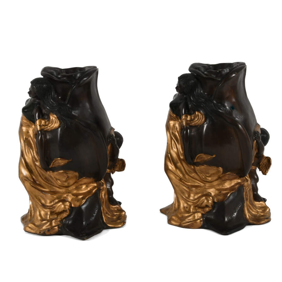 Antique Bronze Rose Form Pair of Jean Jola Woman and Child Vases-4