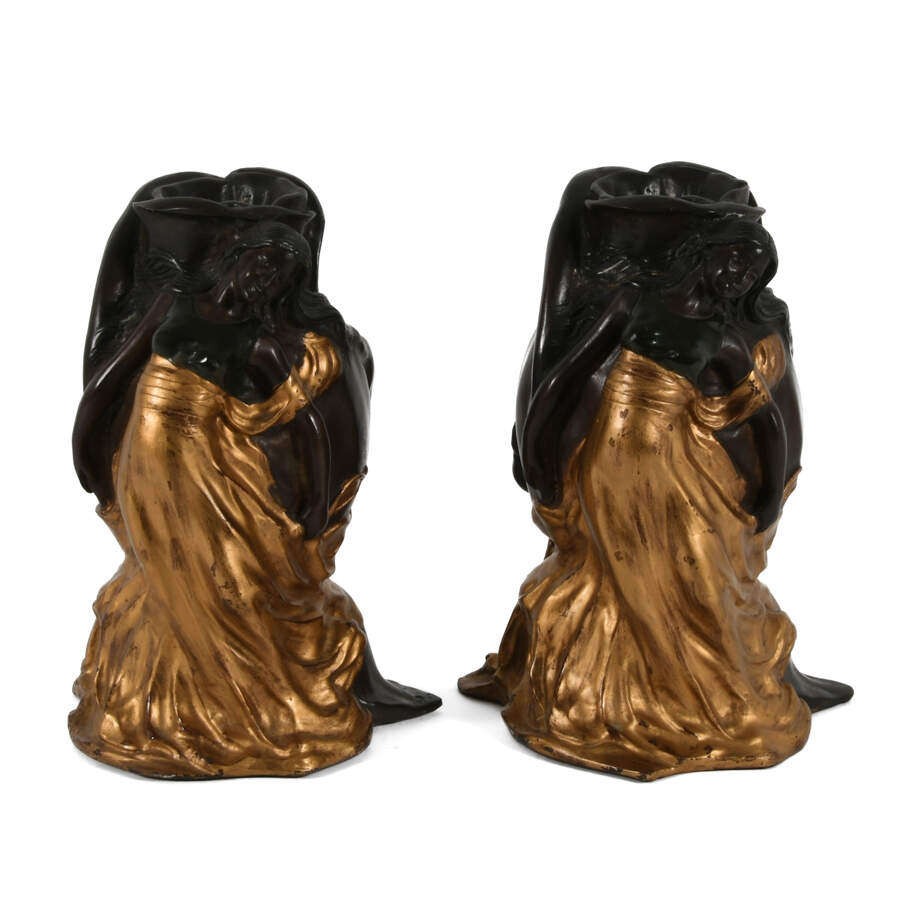 Antique Bronze Rose Form Pair of Jean Jola Woman and Child Vases-2