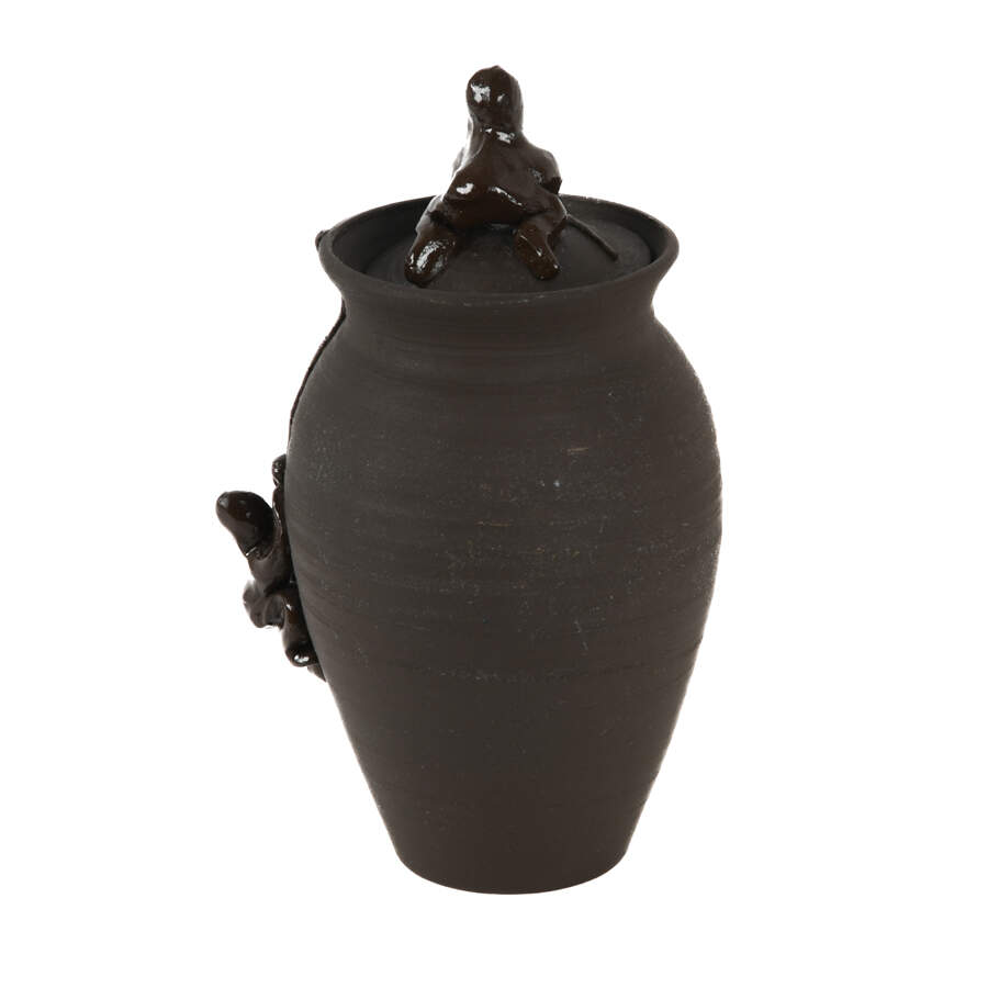 Antique Hand-Thrown Pottery Climbing Figures Covered Jar with Lid-4