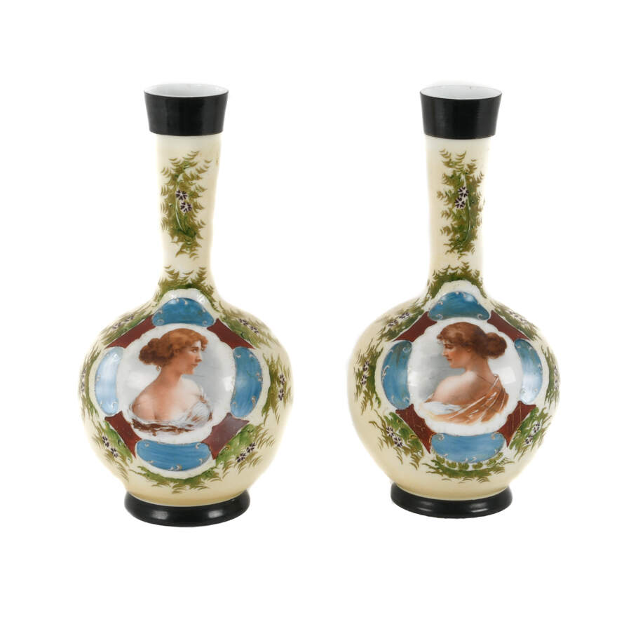 Antique Pair of Hand-Painted Bristol Glass Portrait Vases-2