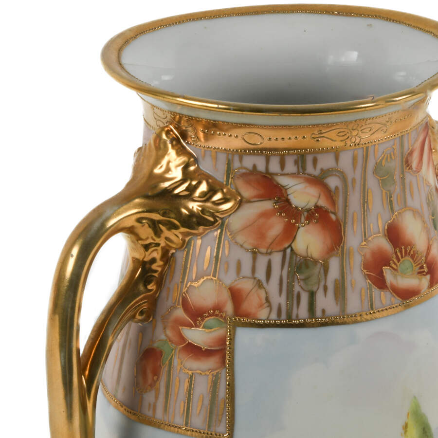 Oversized Nippon Hand-Painted Double Branch Handle Scene Vase-8