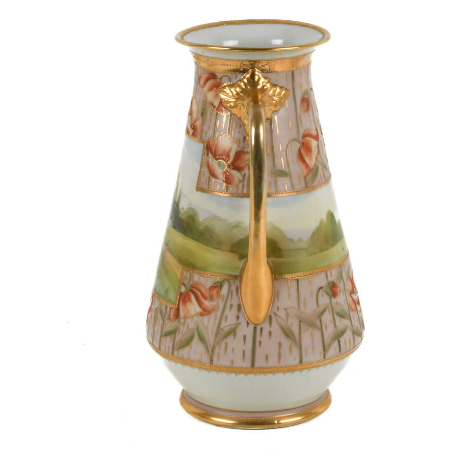 Oversized Nippon Hand-Painted Double Branch Handle Scene Vase-4